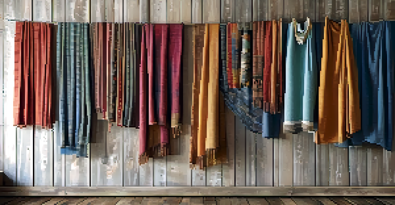 A collection of traditional textiles hanging on a wooden wall, showcasing vibrant colors and intricate patterns in soft light.