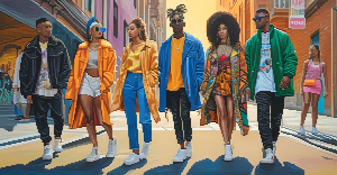 A lively urban scene with diverse young adults showcasing colorful street fashion, illuminated by the warm glow of a sunset.