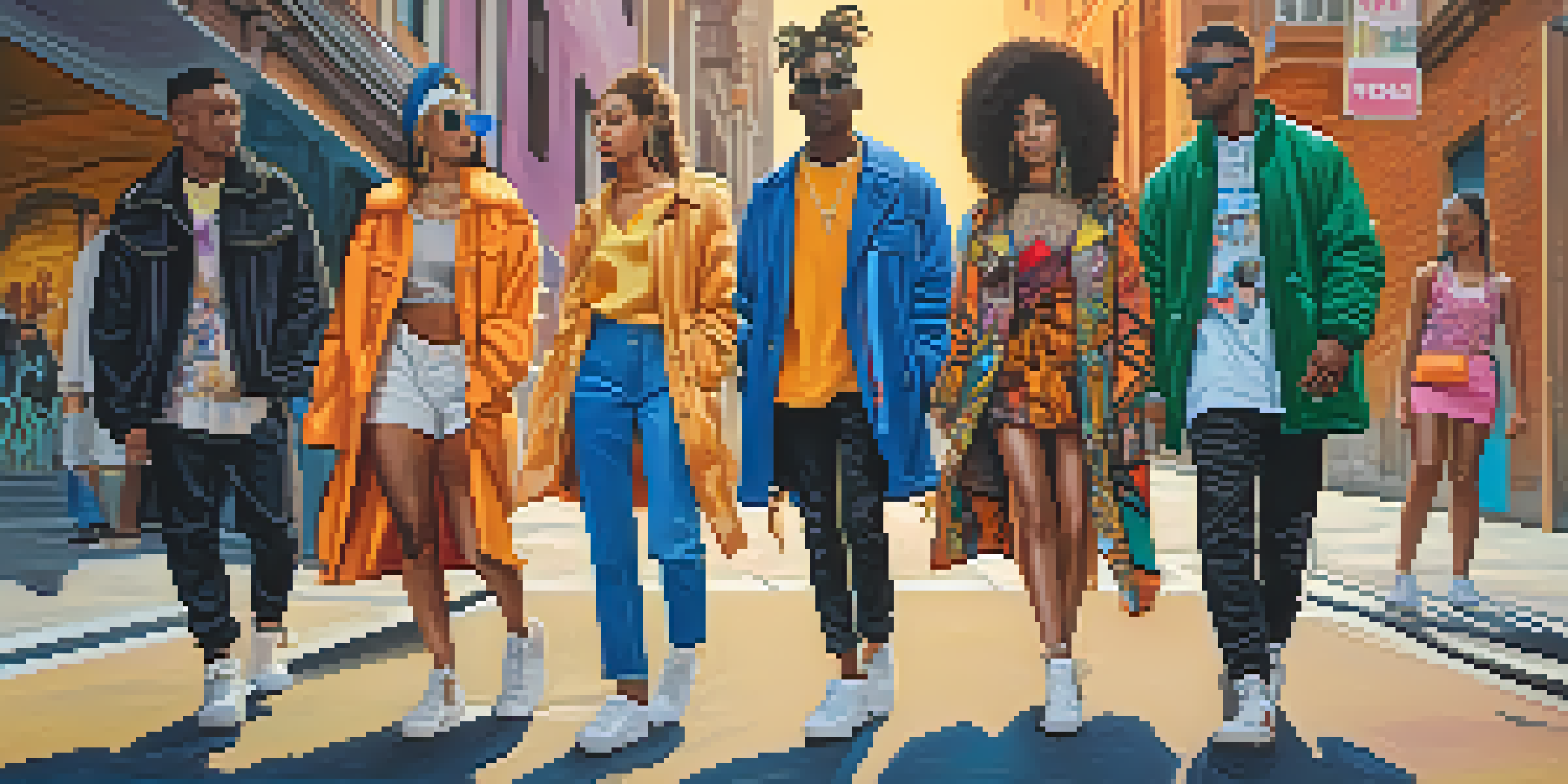 A lively urban scene with diverse young adults showcasing colorful street fashion, illuminated by the warm glow of a sunset.
