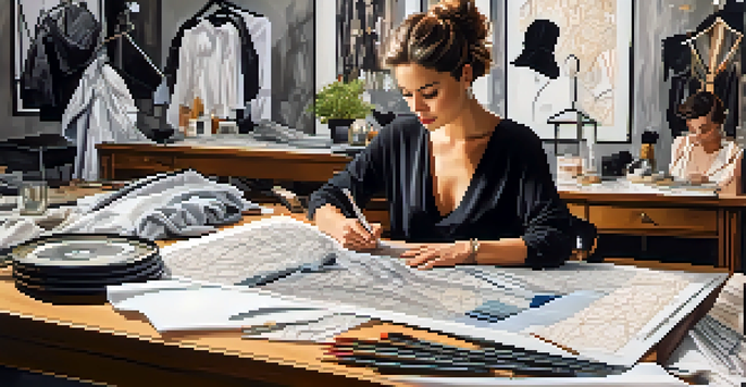 A close-up of a fashion designer sketching clothing designs with fabric swatches and design tools, showcasing the creative process.
