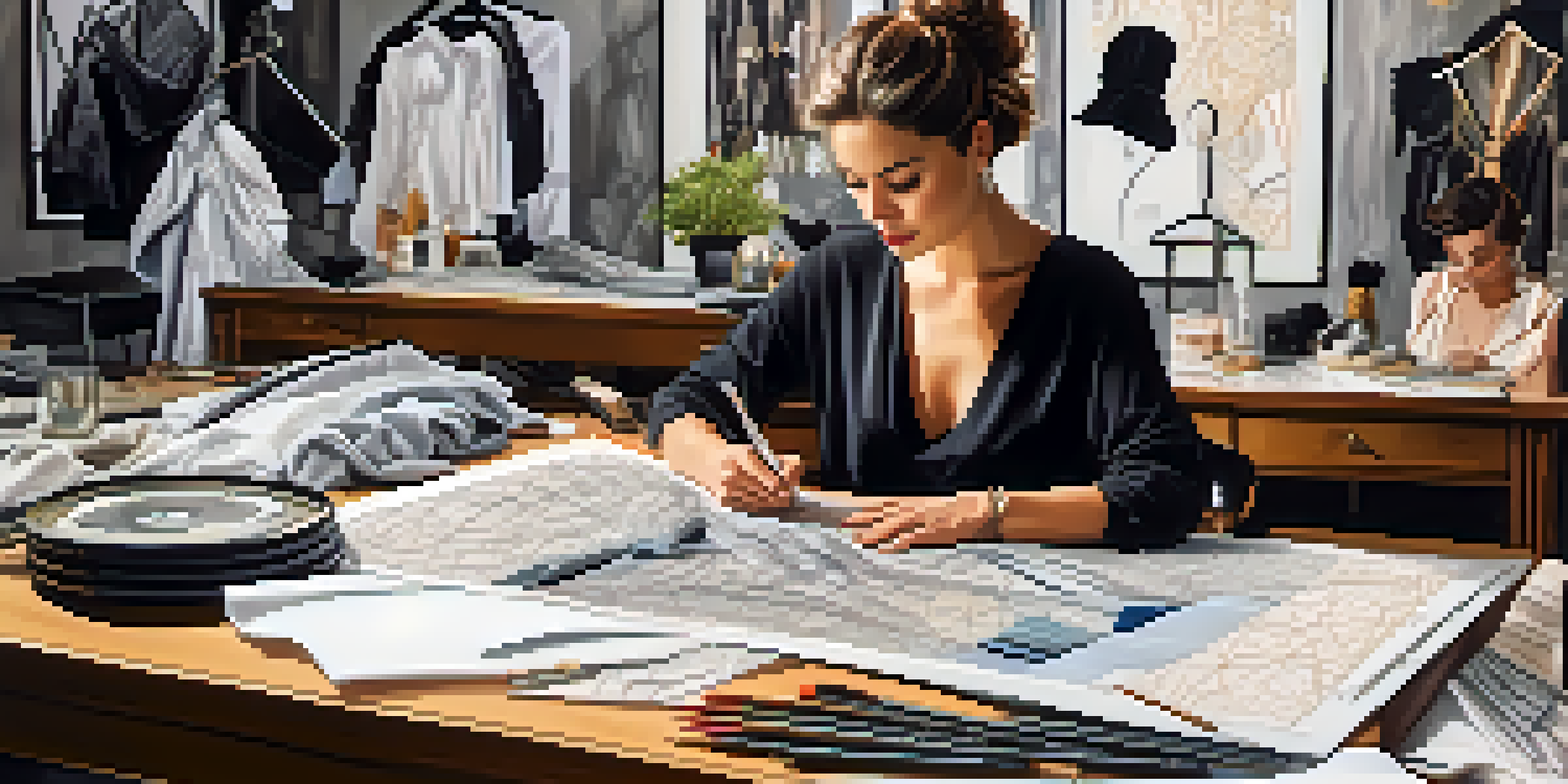 A close-up of a fashion designer sketching clothing designs with fabric swatches and design tools, showcasing the creative process.
