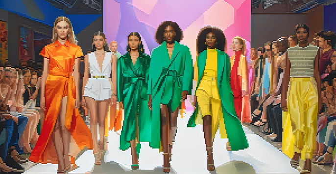 A fashion runway with diverse models in gender-neutral clothing, showcasing inclusivity in style.