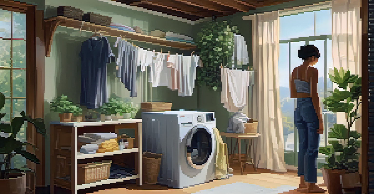 A person caring for clothes at home, using cold water for laundry and air drying garments in a cozy laundry space.