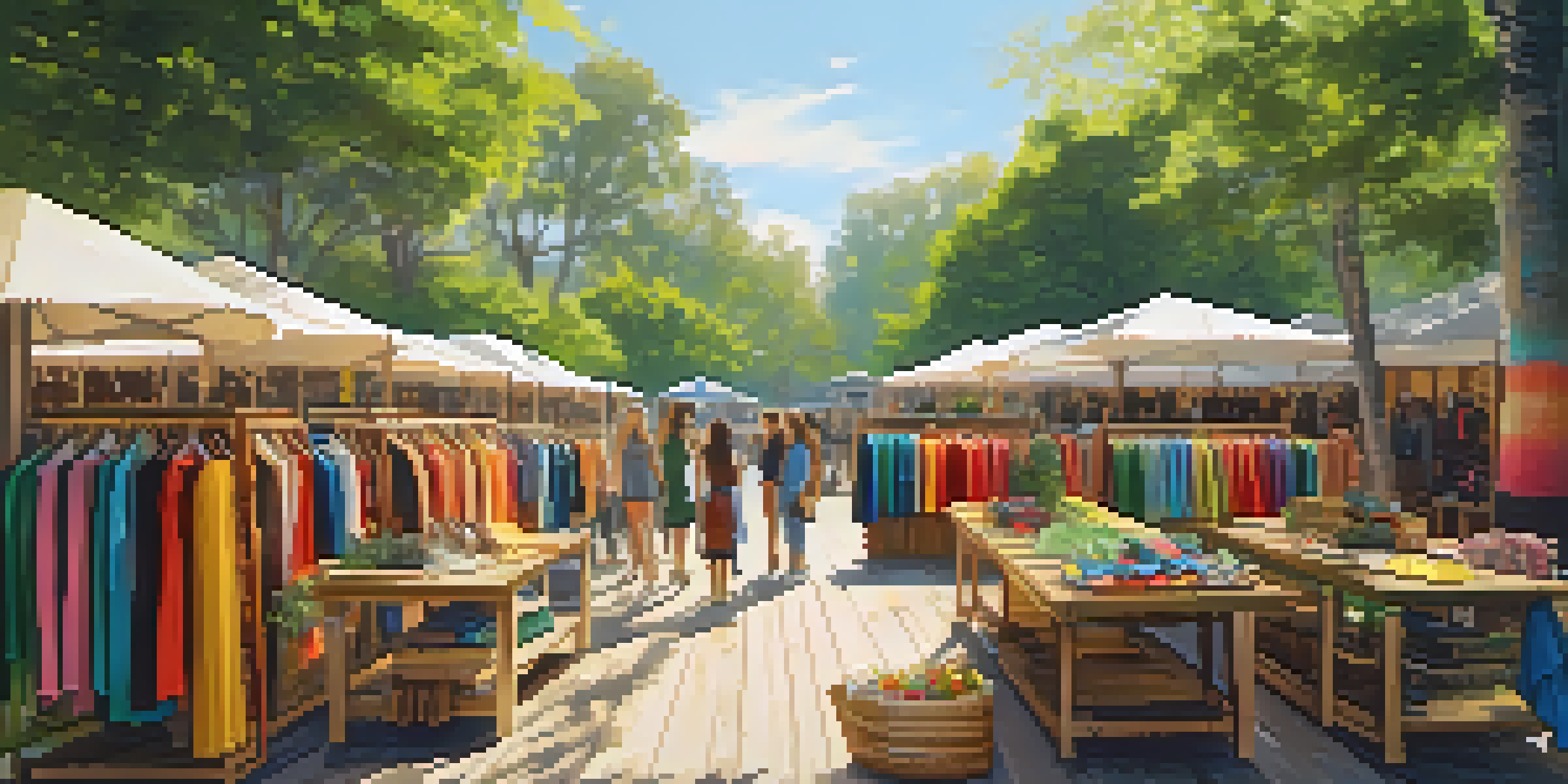 A bustling marketplace displaying sustainable fashion items, with colorful clothing racks and shoppers enjoying the atmosphere.