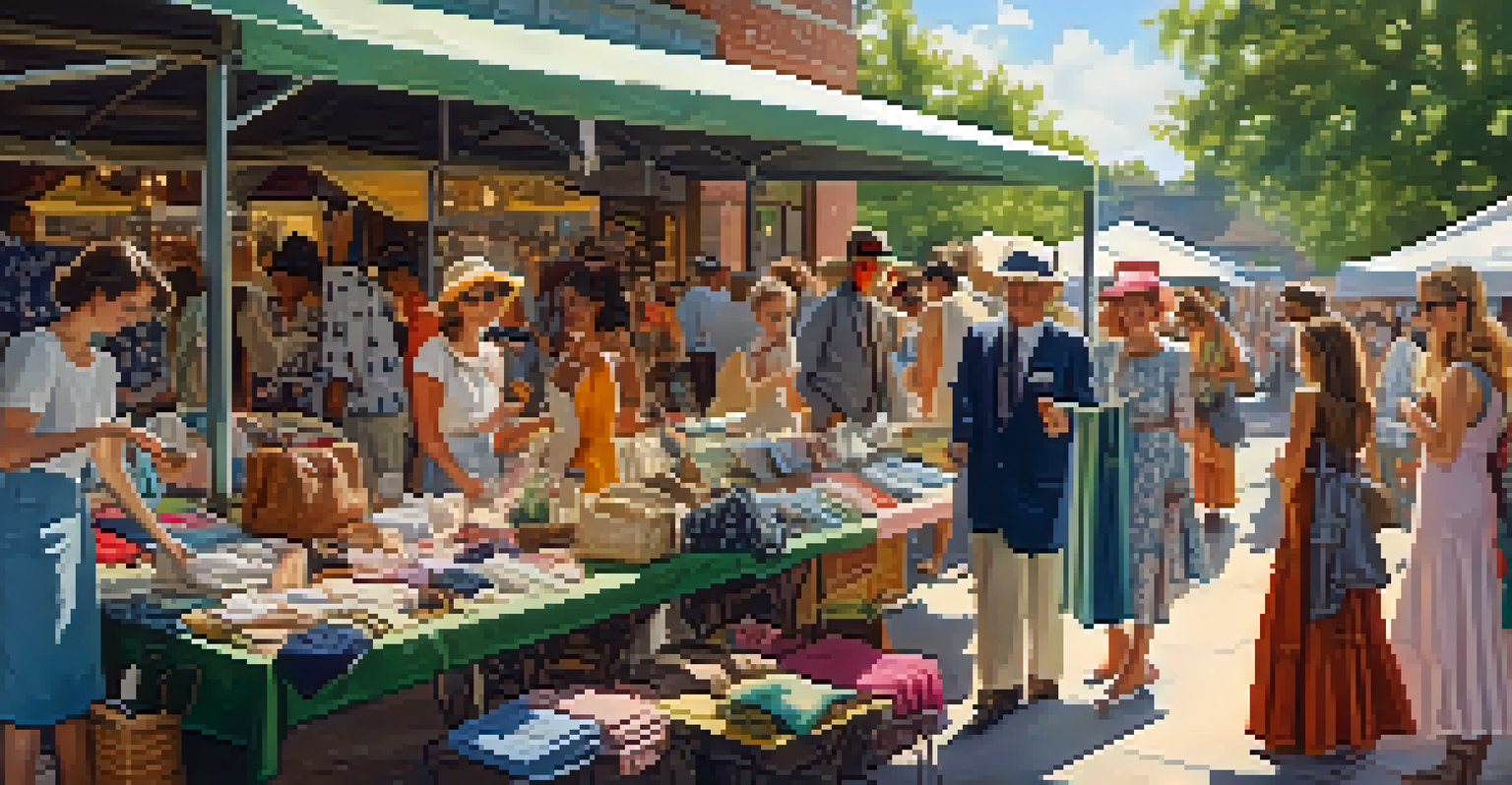 A vibrant outdoor vintage market with shoppers exploring second-hand clothing and accessories under sunny trees.