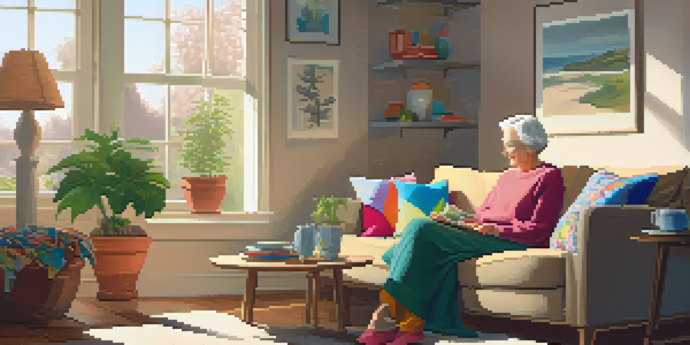 An older woman in a soft sweater relaxing in a warm, sunlit living room with colorful pillows and a cup of tea.