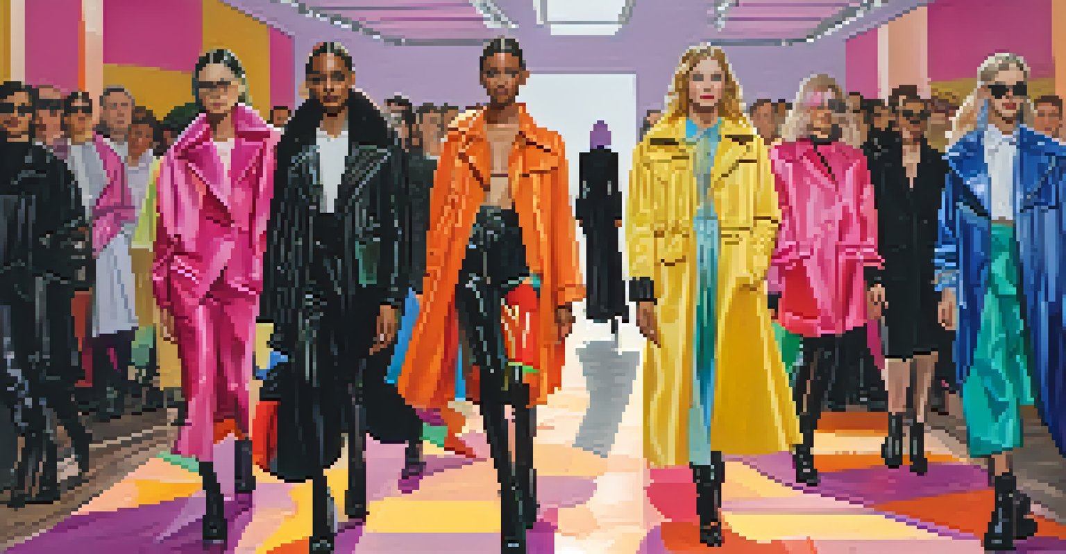 A gender fluidity fashion show with models showcasing unisex designs under colorful lighting.