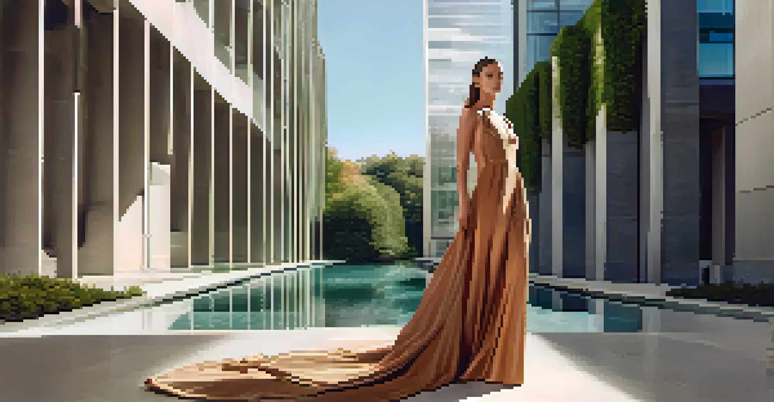 A model in a flowing gown posed in a sunlit urban setting, showcasing a blend of fashion and modern architecture.
