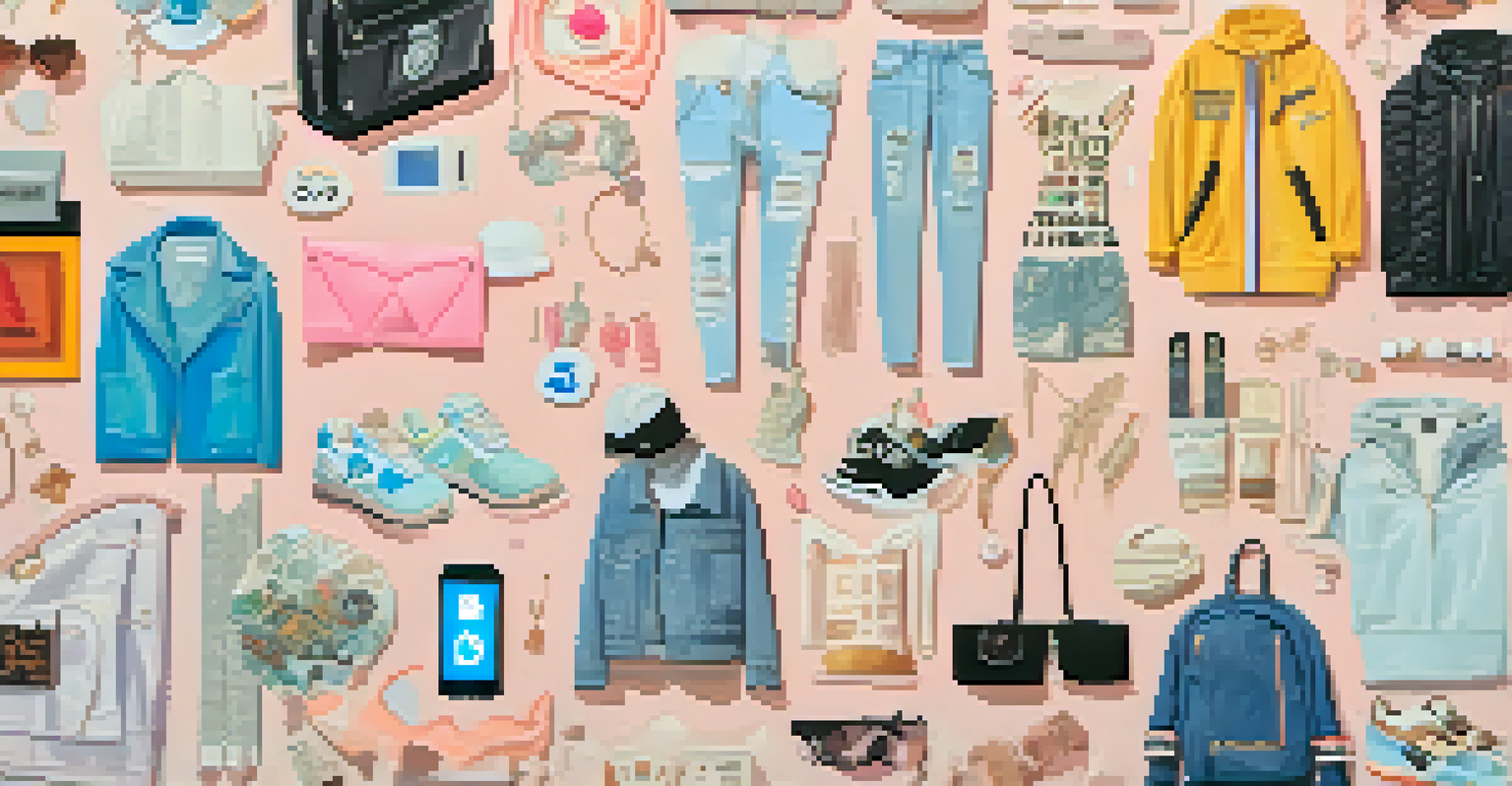 A collage representing social media's impact on fashion, featuring clothing items and social media icons.