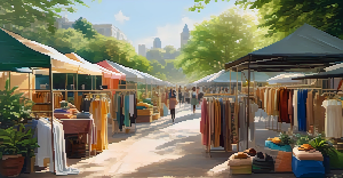 A vibrant sustainable fashion market with colorful clothes made from organic materials, surrounded by greenery and soft sunlight.