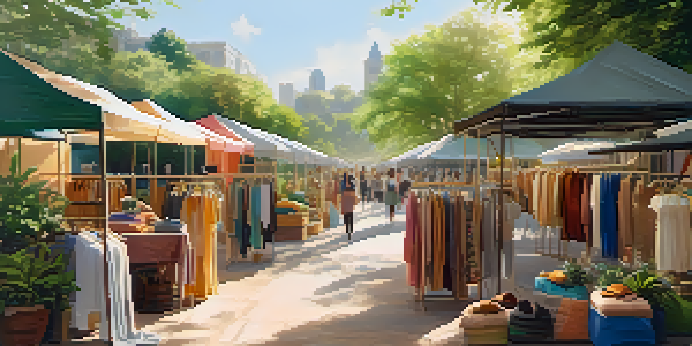 A vibrant sustainable fashion market with colorful clothes made from organic materials, surrounded by greenery and soft sunlight.