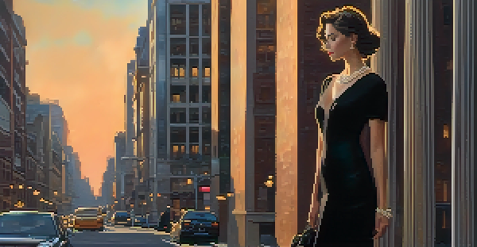 A confident woman in a little black dress stands on an urban street during sunset, showcasing elegance with a pearl necklace and quilted handbag.