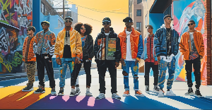A colorful streetwear scene with diverse individuals in bold patterns, set against a vibrant graffiti backdrop illuminated by warm sunlight.