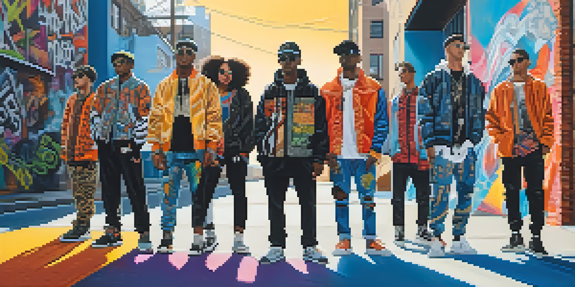 A colorful streetwear scene with diverse individuals in bold patterns, set against a vibrant graffiti backdrop illuminated by warm sunlight.