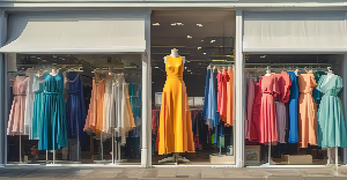 A young woman in a colorful dress in front of a clothing rental store with mannequins displaying various outfits.