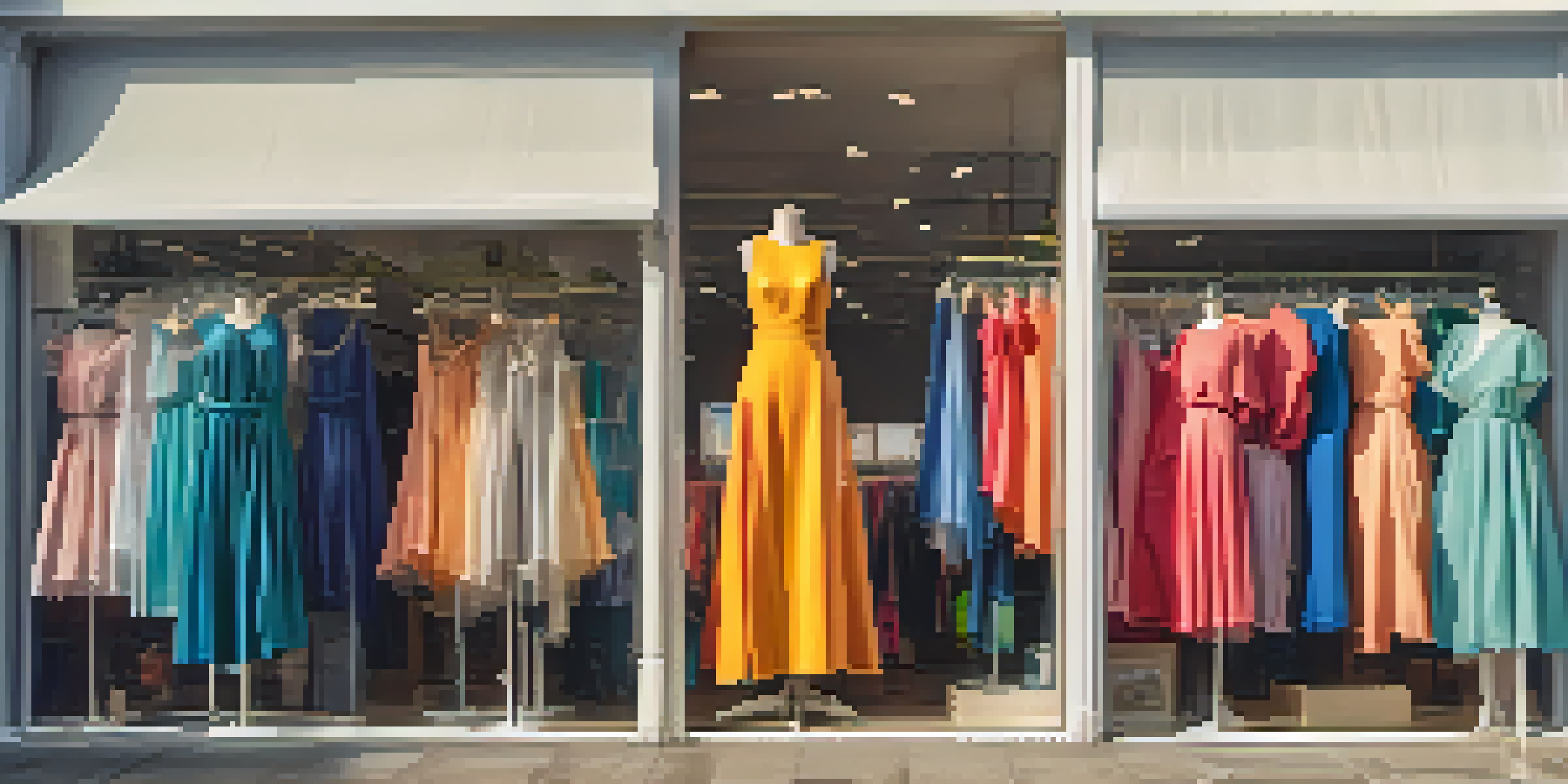 A young woman in a colorful dress in front of a clothing rental store with mannequins displaying various outfits.