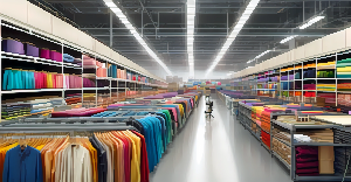 A busy warehouse with workers organizing colorful fabrics and clothing, illuminated by natural light, with digital screens showing inventory data.