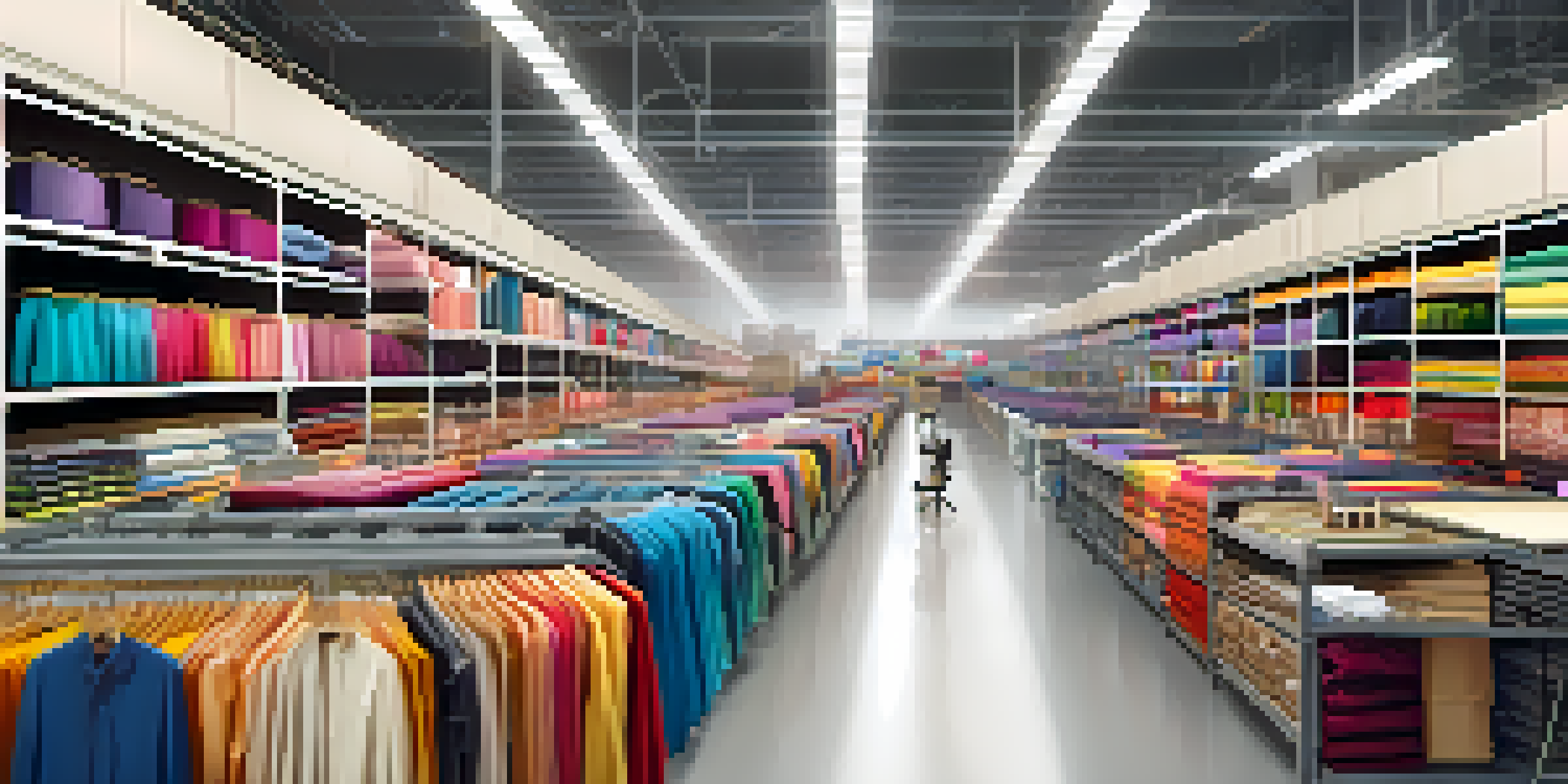 A busy warehouse with workers organizing colorful fabrics and clothing, illuminated by natural light, with digital screens showing inventory data.