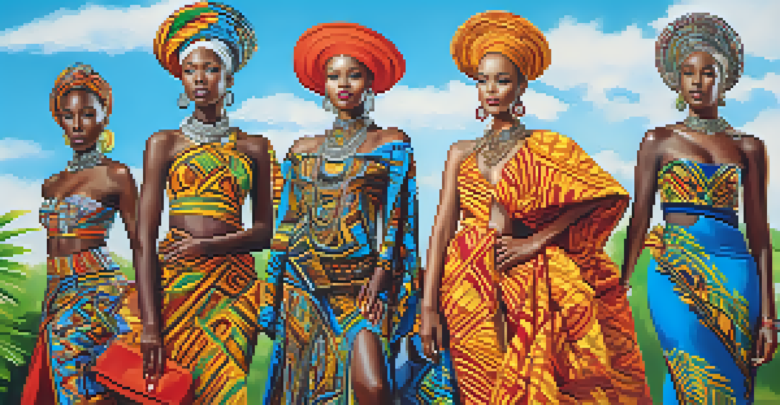 Models showcasing vibrant traditional African attire mixed with modern styles in an outdoor setting.