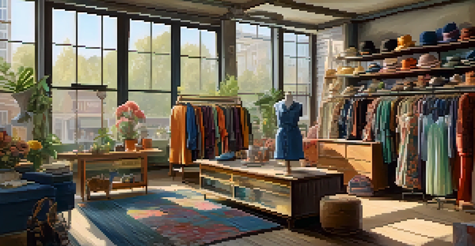 A vintage clothing store showcasing a variety of colorful garments and accessories from different decades, illuminated by soft natural light.