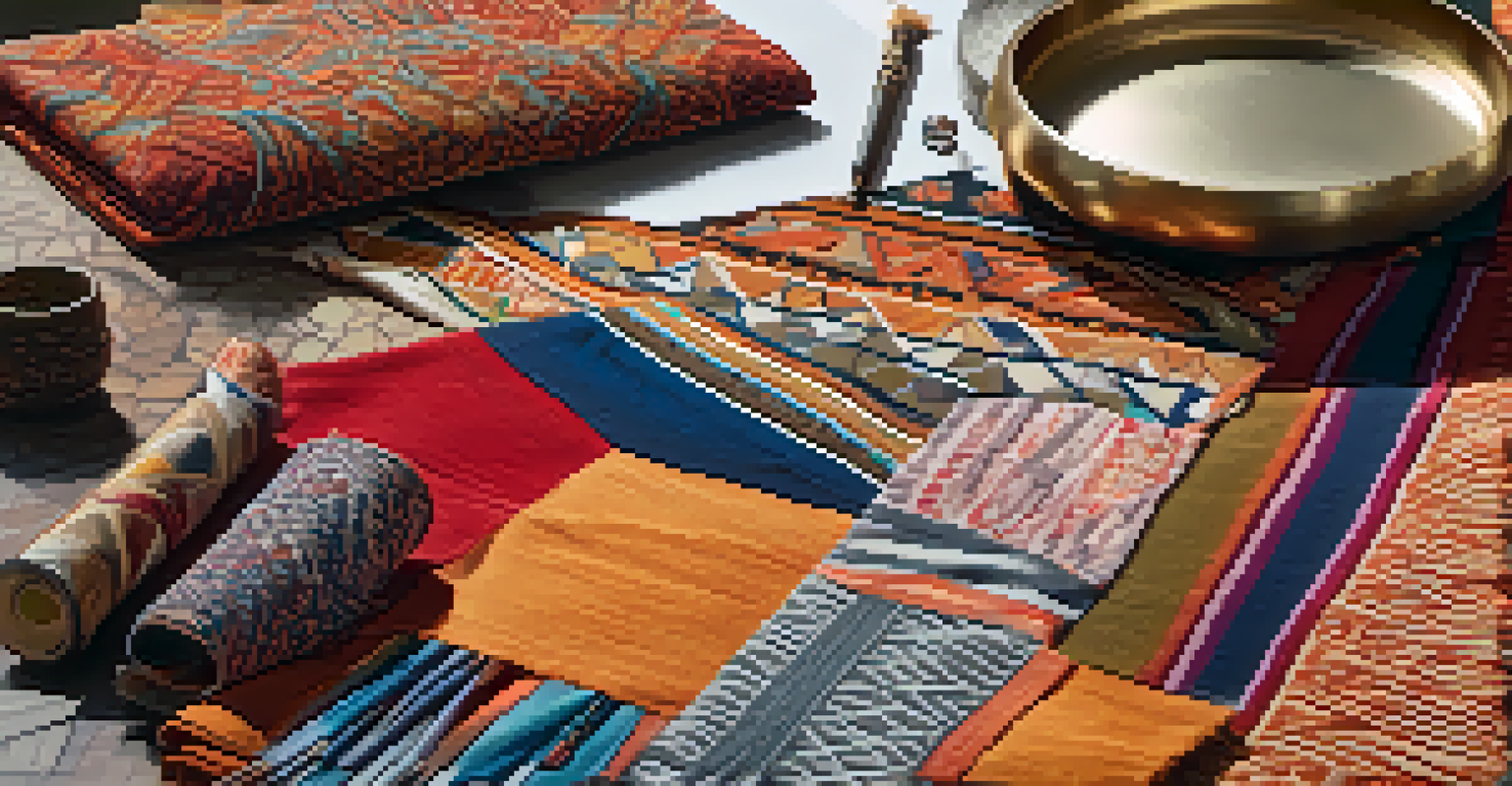 An artistic display of textile patterns and fashion sketches on a table, showcasing rich colors and intricate designs, illuminated by natural light.