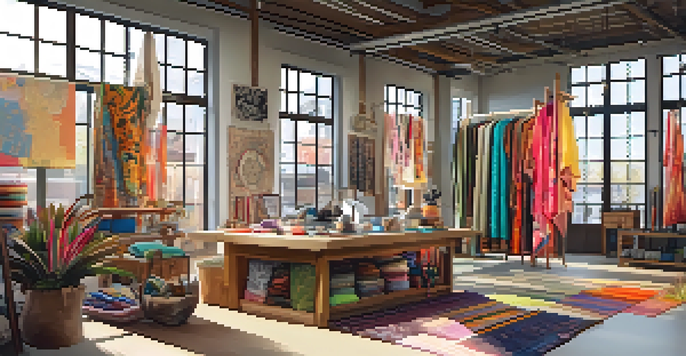 A fashion design studio filled with colorful fabrics and a designer working on sketches, inspired by different cultural influences.