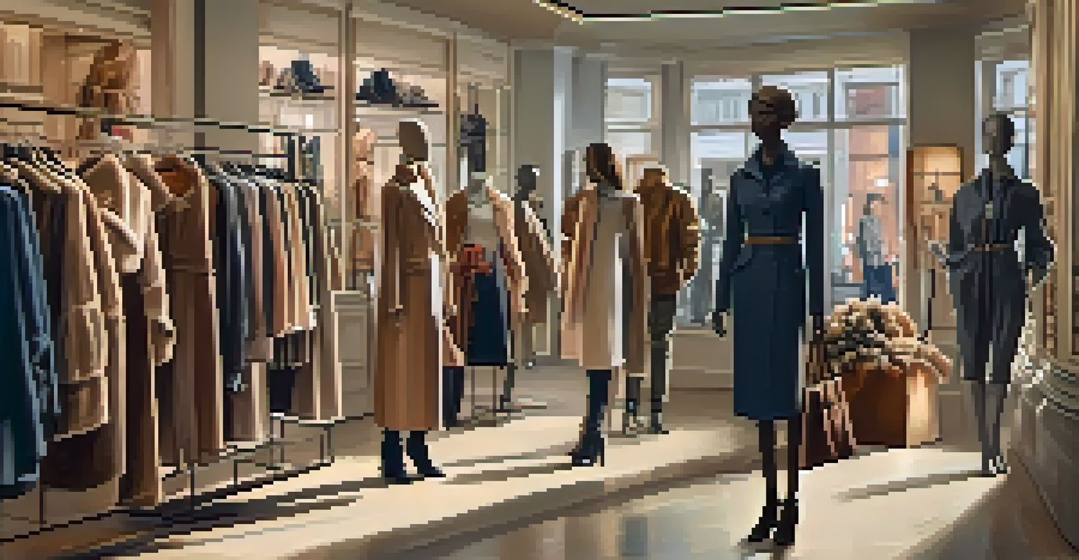 A boutique with mannequins of different sizes dressed in fashionable clothing, surrounded by diverse shoppers.