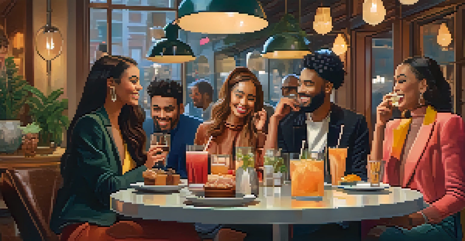 A group of diverse fashion influencers chatting in a cozy café, surrounded by colorful drinks and pastries, with a warm and inviting atmosphere.