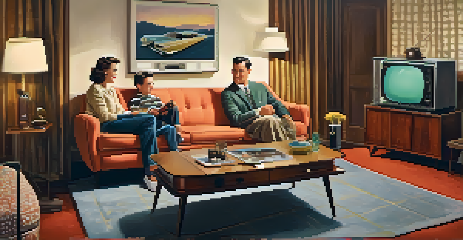 A cozy 1950s living room with retro furnishings and a family watching television, dressed in casual chic attire, in warm colors.
