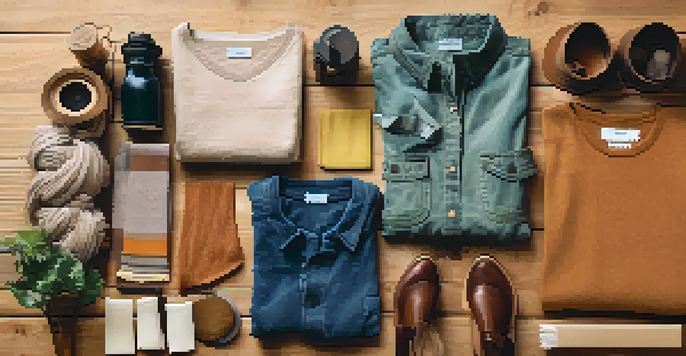 A colorful arrangement of sustainable fashion items on a wooden table.