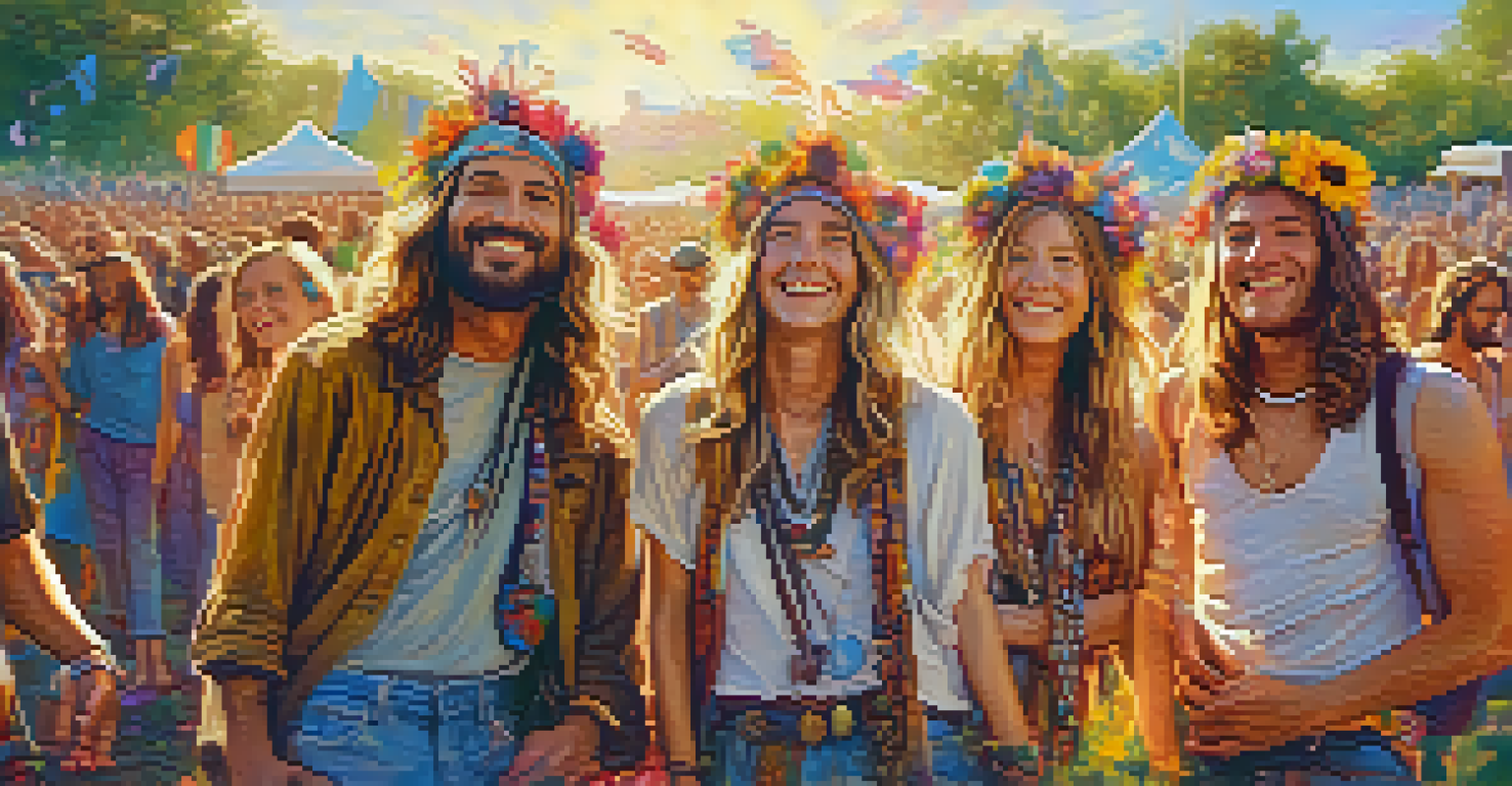 A group of Hippies dressed in colorful, flowing clothing at a music festival, surrounded by nature.