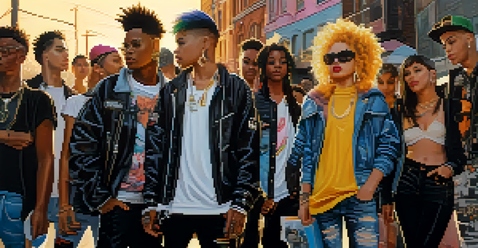 A colorful street scene with young people in different fashion subcultures like punk, goth, and hip-hop, set against a backdrop of graffiti art in warm sunlight.