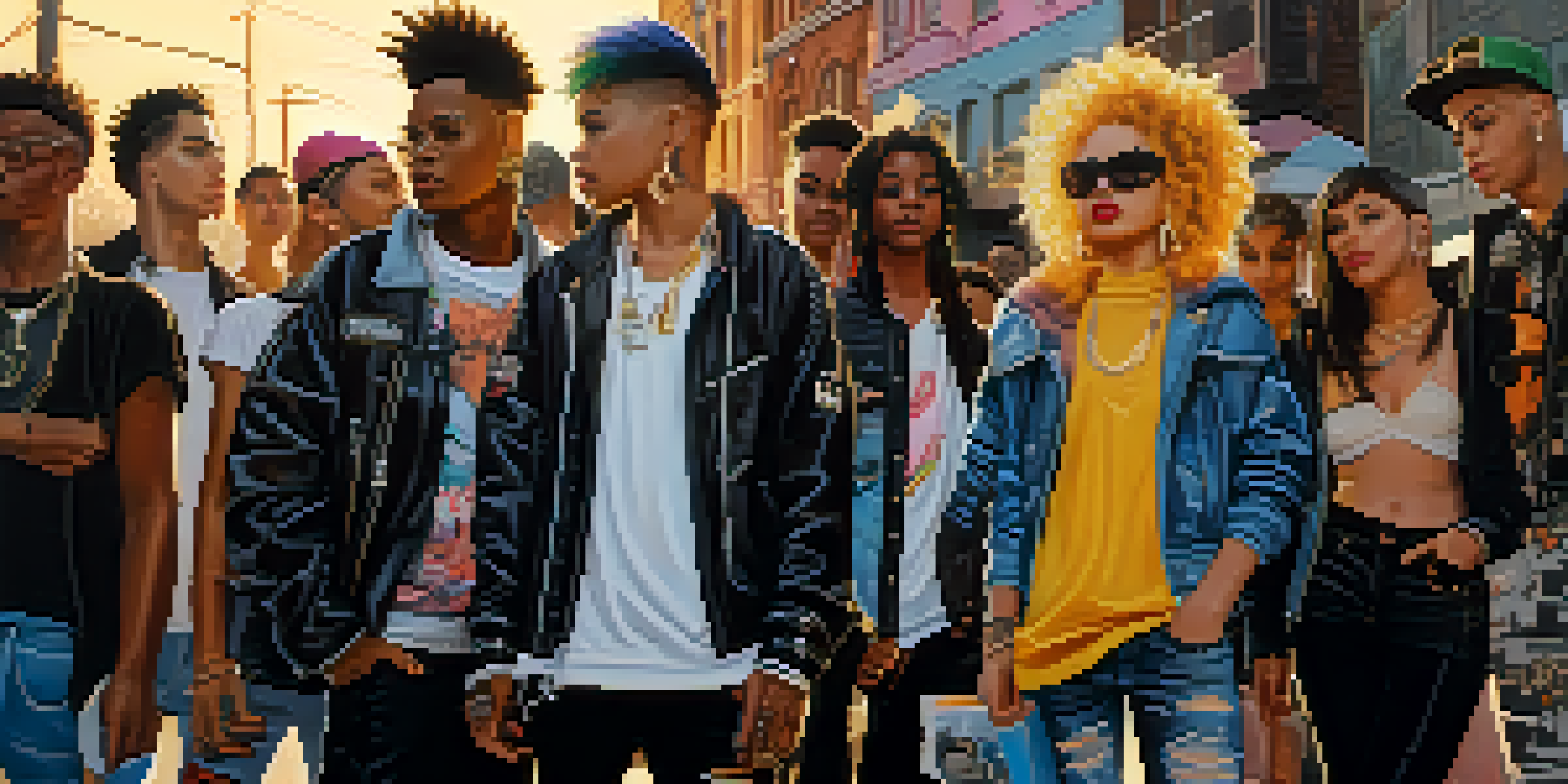 A colorful street scene with young people in different fashion subcultures like punk, goth, and hip-hop, set against a backdrop of graffiti art in warm sunlight.