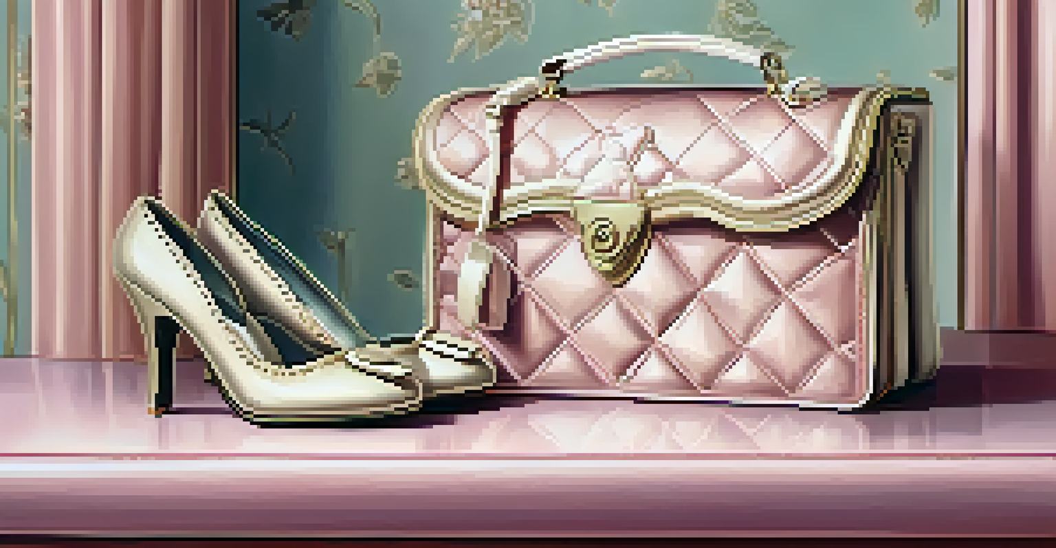 A close-up of a luxurious 1950s handbag and stylish pumps on a vintage dressing table.