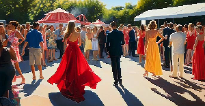 A model wearing a red dress at a lively outdoor party, surrounded by guests in colorful outfits and warm sunlight.