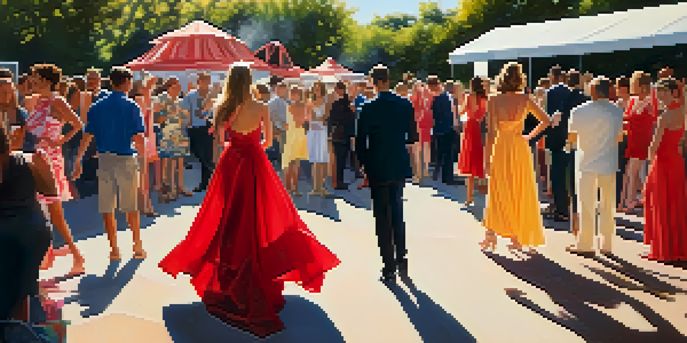 A model wearing a red dress at a lively outdoor party, surrounded by guests in colorful outfits and warm sunlight.