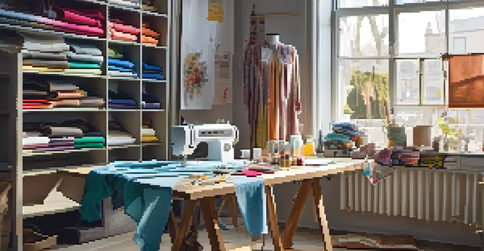 A bright and colorful DIY fashion workspace with fabric swatches, sewing tools, and a sewing machine, illuminated by sunlight.