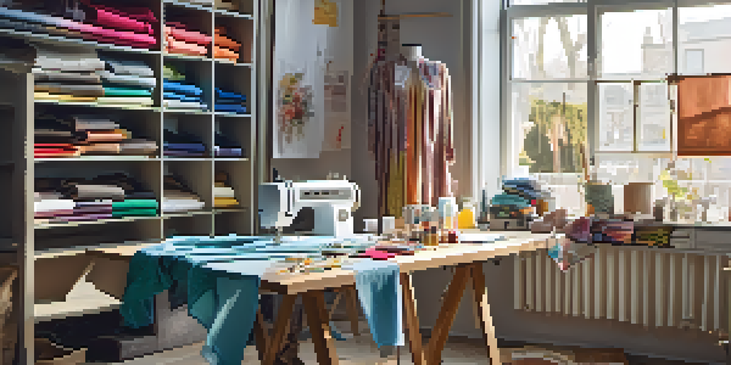 A bright and colorful DIY fashion workspace with fabric swatches, sewing tools, and a sewing machine, illuminated by sunlight.