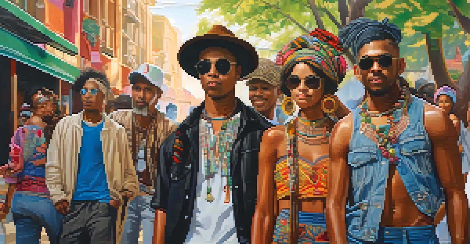 A street scene with individuals in eclectic fashion styles blending traditional and modern elements, surrounded by colorful murals and sunlight.