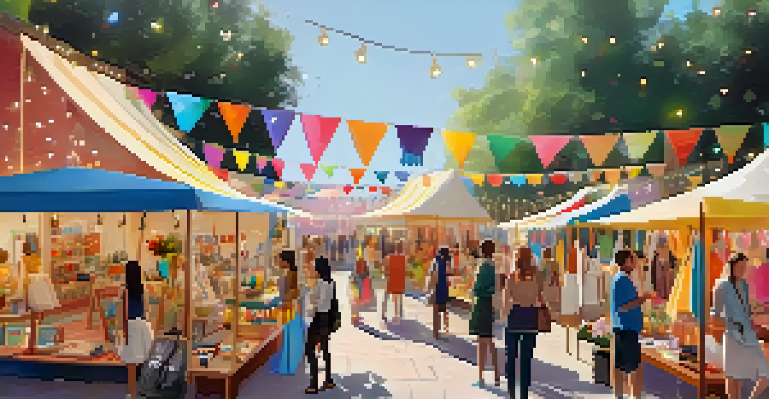 A vibrant pop-up shop at a festival, where customers participate in a styling workshop surrounded by fashion items.