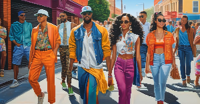 A lively urban scene with diverse individuals in colorful outfits, showcasing their unique styles and confidence under soft sunlight.
