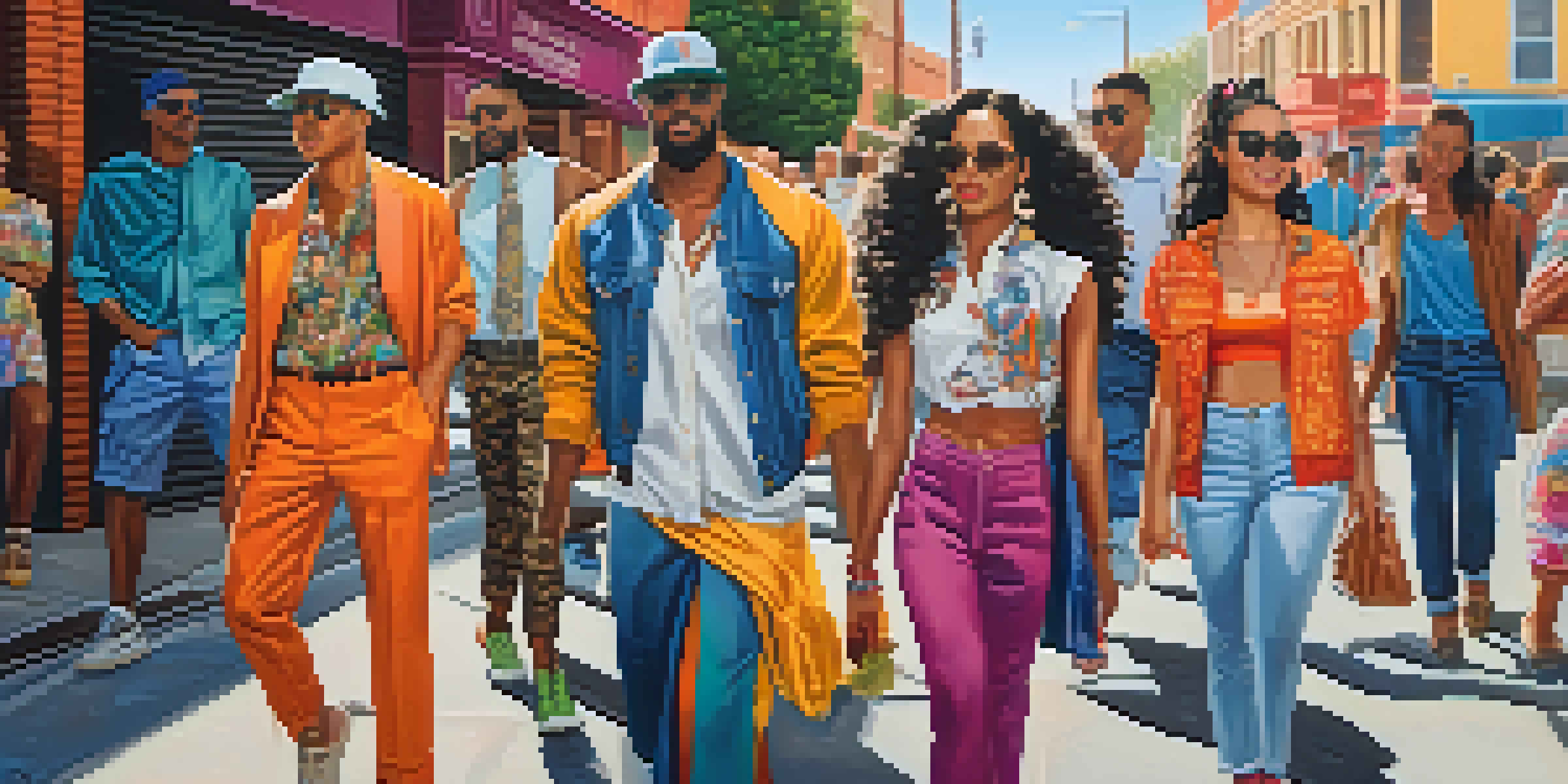 A lively urban scene with diverse individuals in colorful outfits, showcasing their unique styles and confidence under soft sunlight.