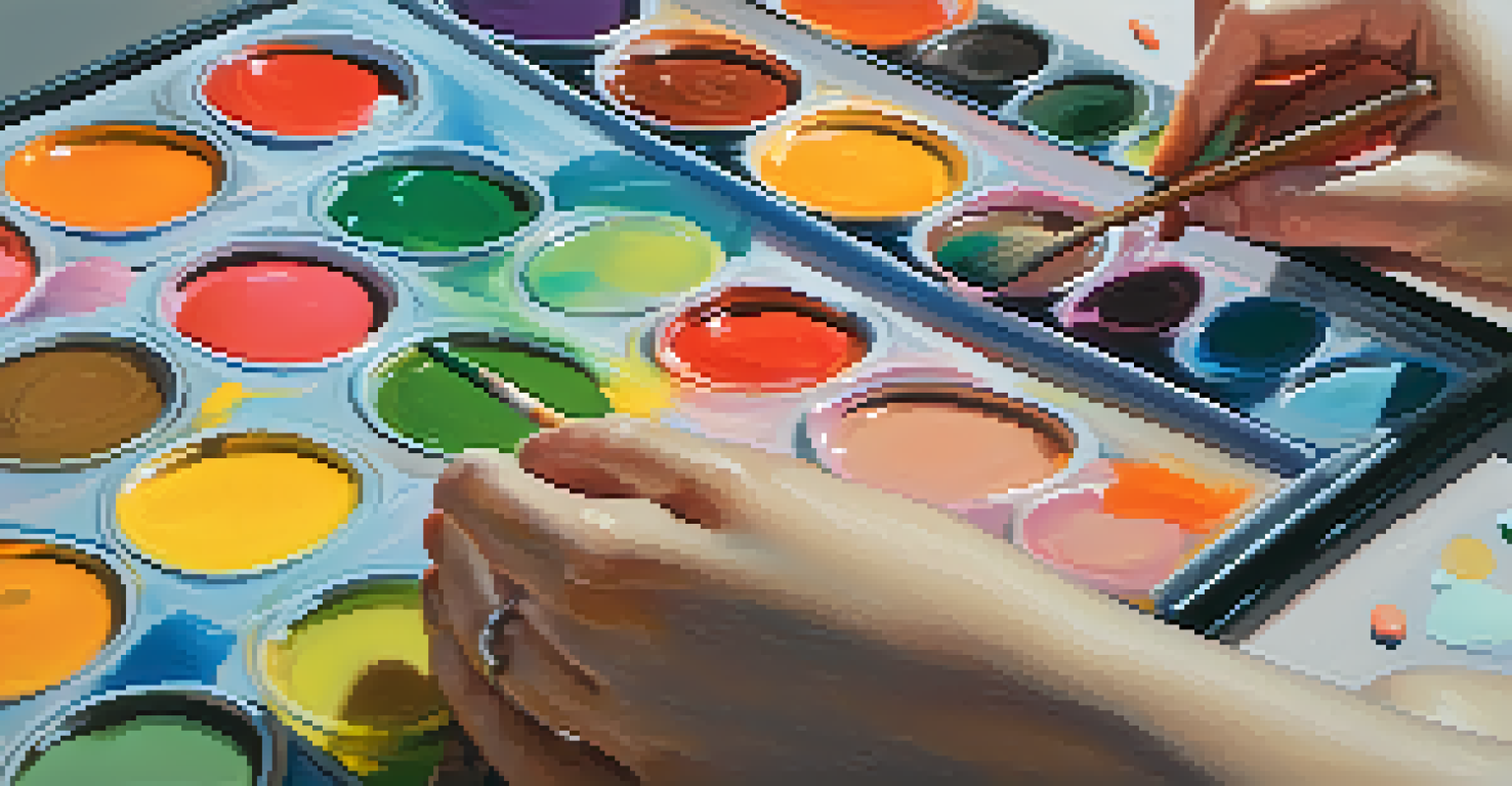 A close-up of hands mixing bright paints on a palette, symbolizing creativity and self-expression, with a blurred pastel background.