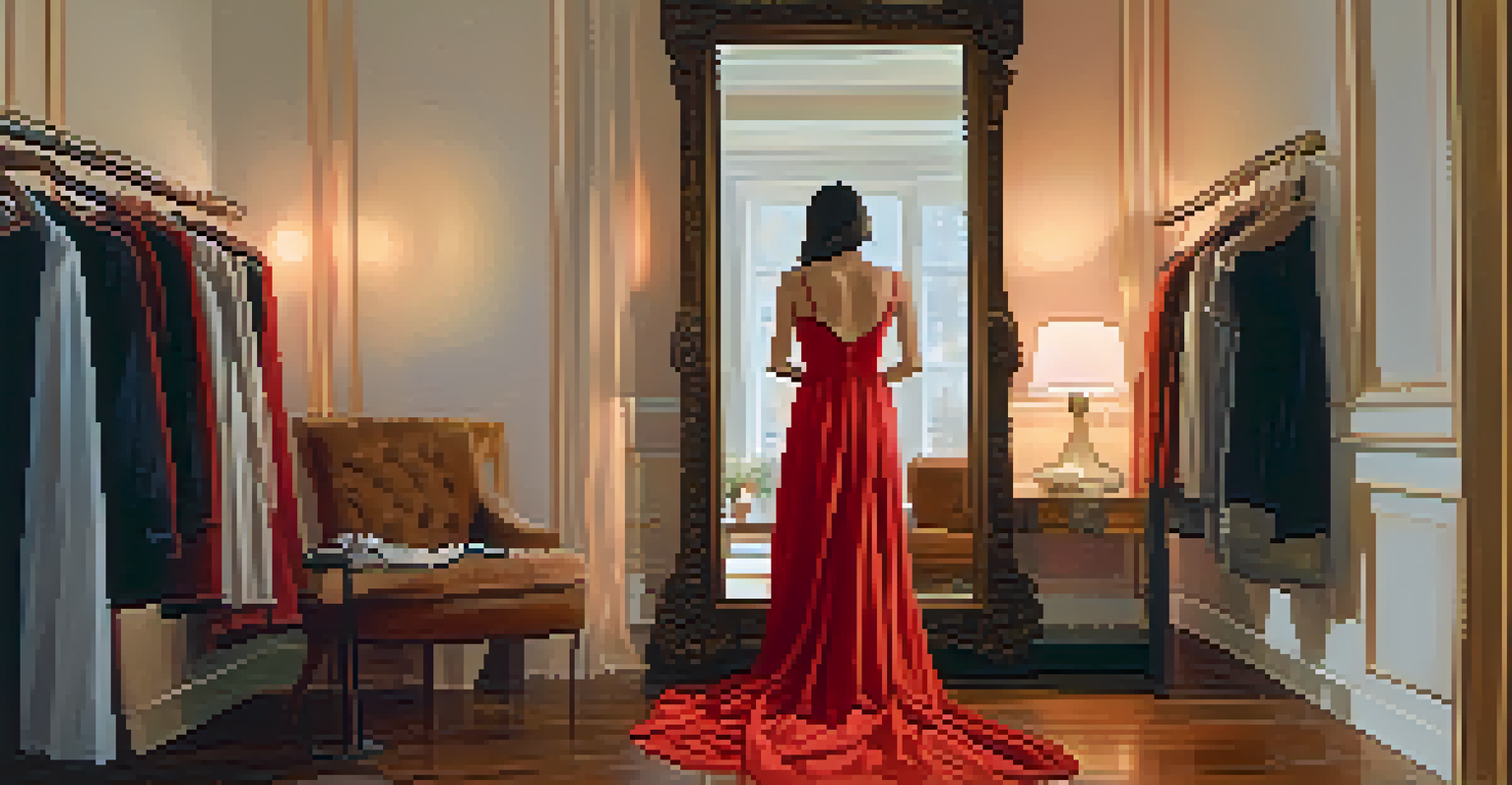 A person selecting a bright red dress in a softly lit room, reflecting mindfulness and self-discovery.