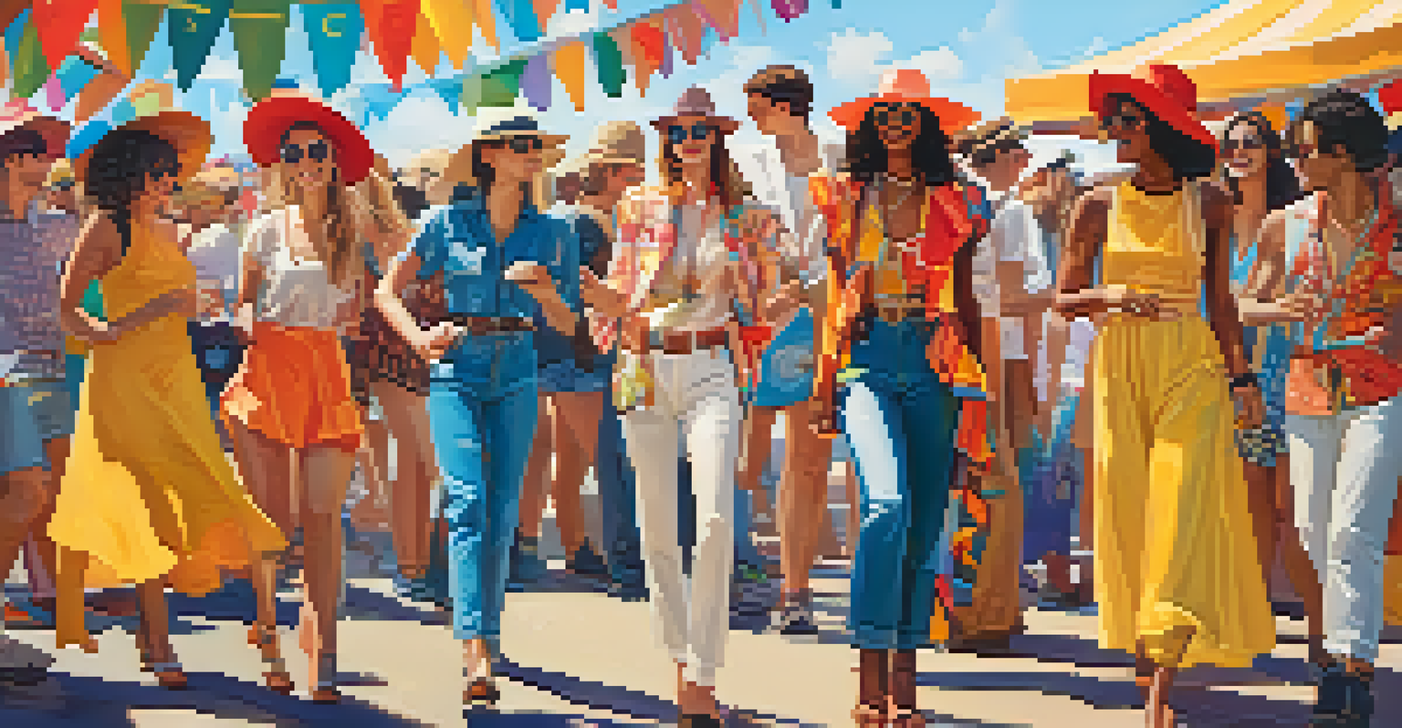 A diverse group of friends enjoying a music festival, wearing colorful and eclectic outfits in a vibrant outdoor setting.