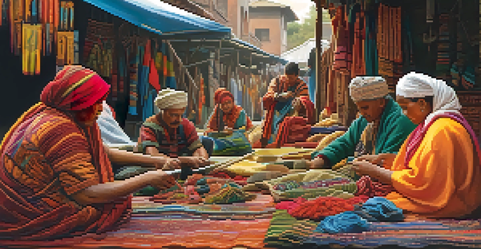 A colorful market with artisans creating traditional clothing, highlighting their craftsmanship and vibrant materials.