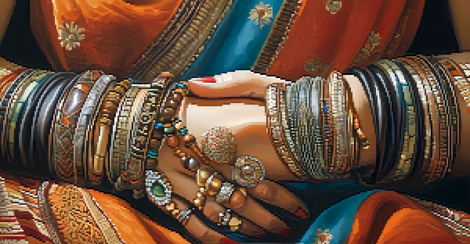 Close-up of hands with cultural accessories on patterned fabric, showcasing intricate details.