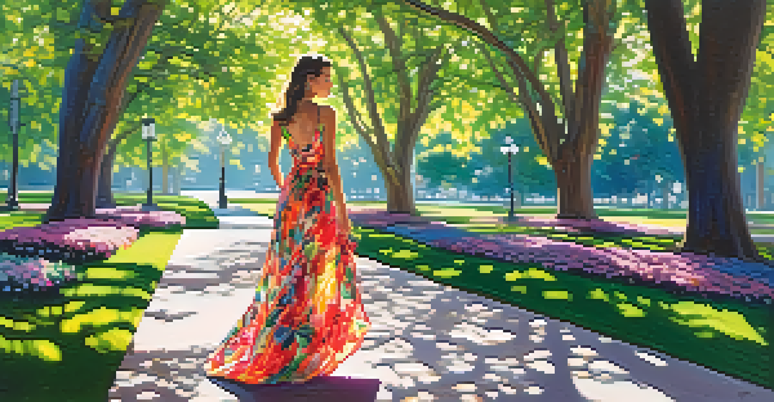A model in a colorful designer dress standing in a sunny park surrounded by greenery and flowers.