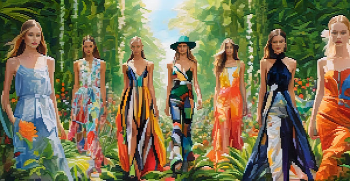 Models showcasing sustainable fashion on a runway made from recycled materials, surrounded by greenery and flowers.