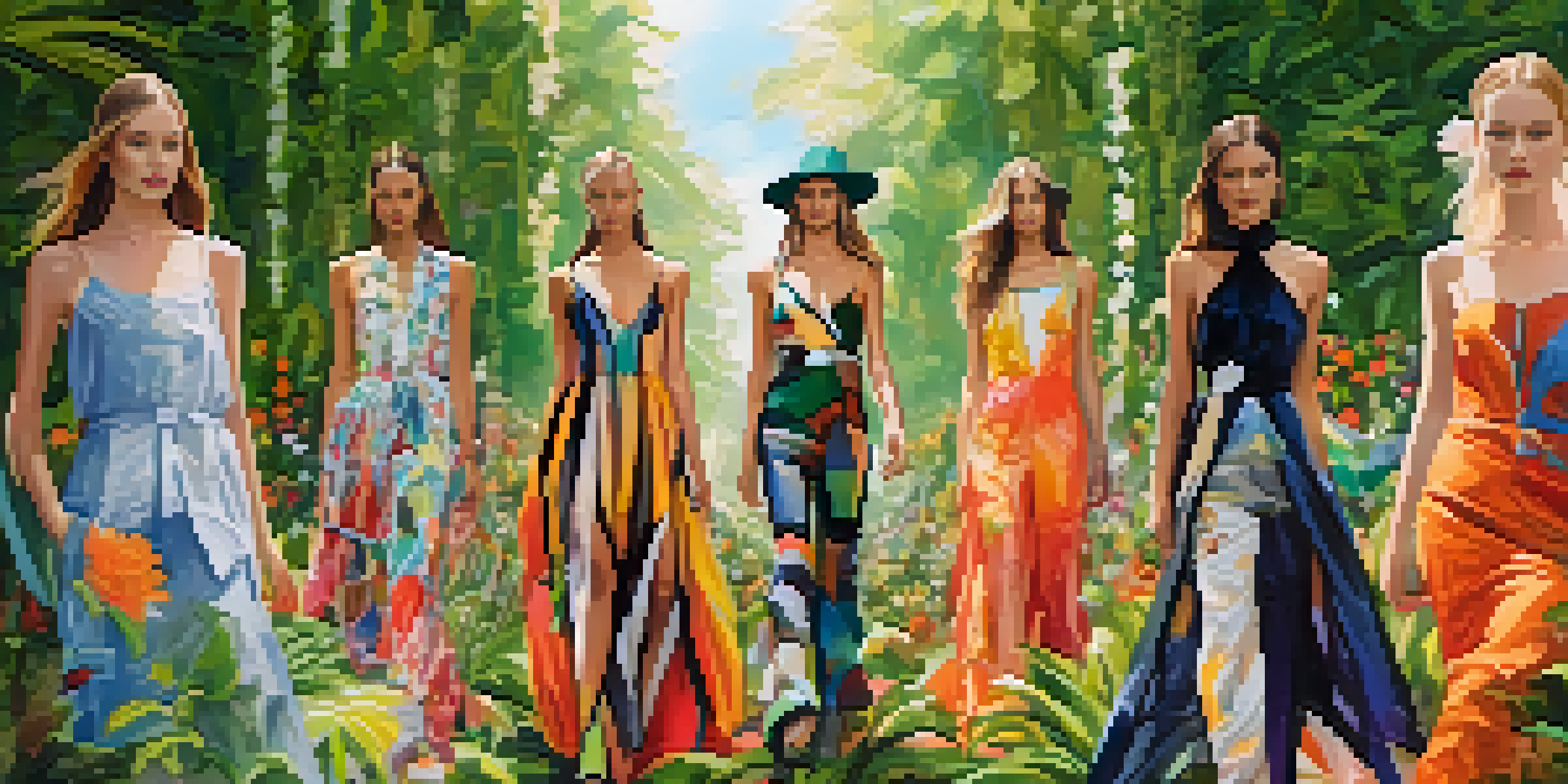 Models showcasing sustainable fashion on a runway made from recycled materials, surrounded by greenery and flowers.